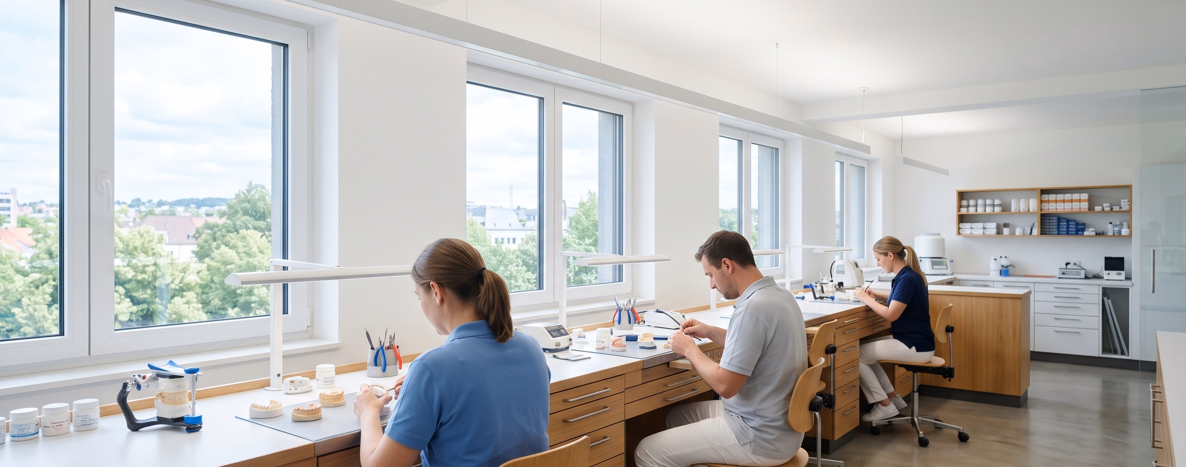 Weite Aufnahme eines hellen Dentallabors mit mehreren Arbeitsplätzen