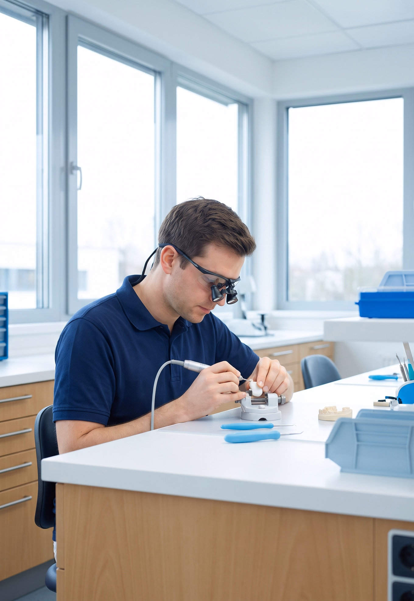 Zahntechniker bei der Arbeit an einem hellen Laborarbeitsplatz