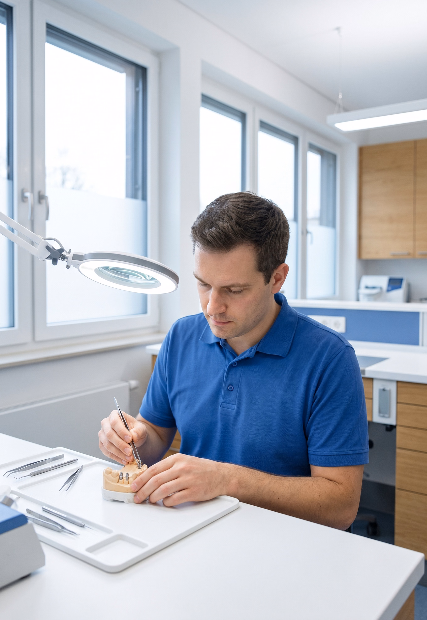 Zahntechniker bei der Arbeit an einem hellen Laborarbeitsplatz