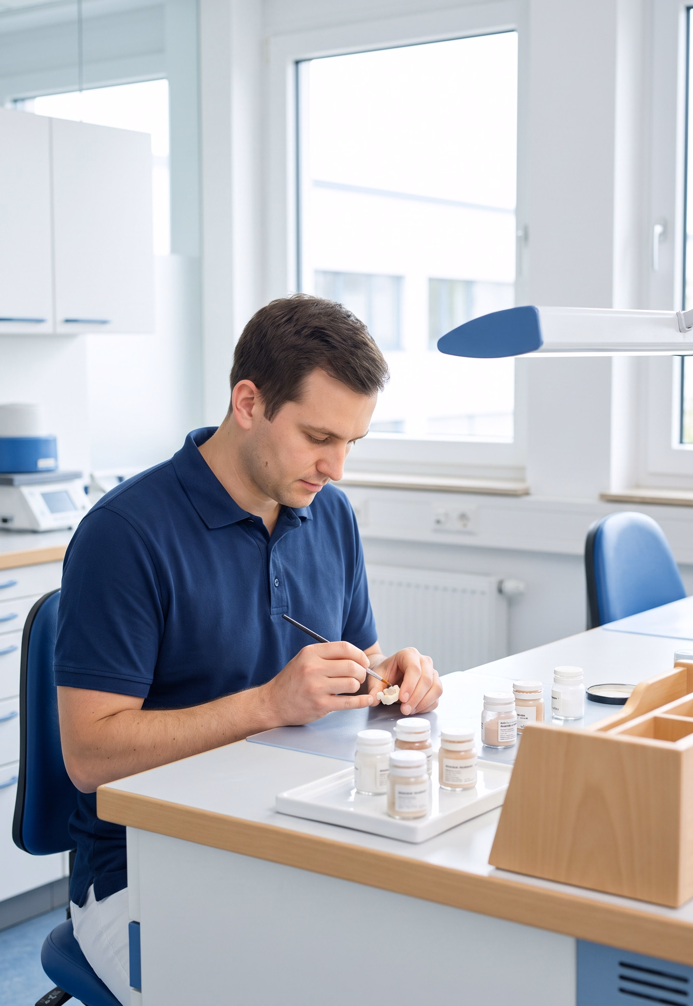 Zahntechniker bei der Arbeit an einem hellen Laborarbeitsplatz